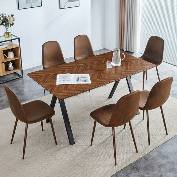 MIDOQIN 7-Piece Dining Table Set for 4-6 People, Wooden Rectangular Kitchen Table with 6 PU Leather Chairs, Dining Room Table
