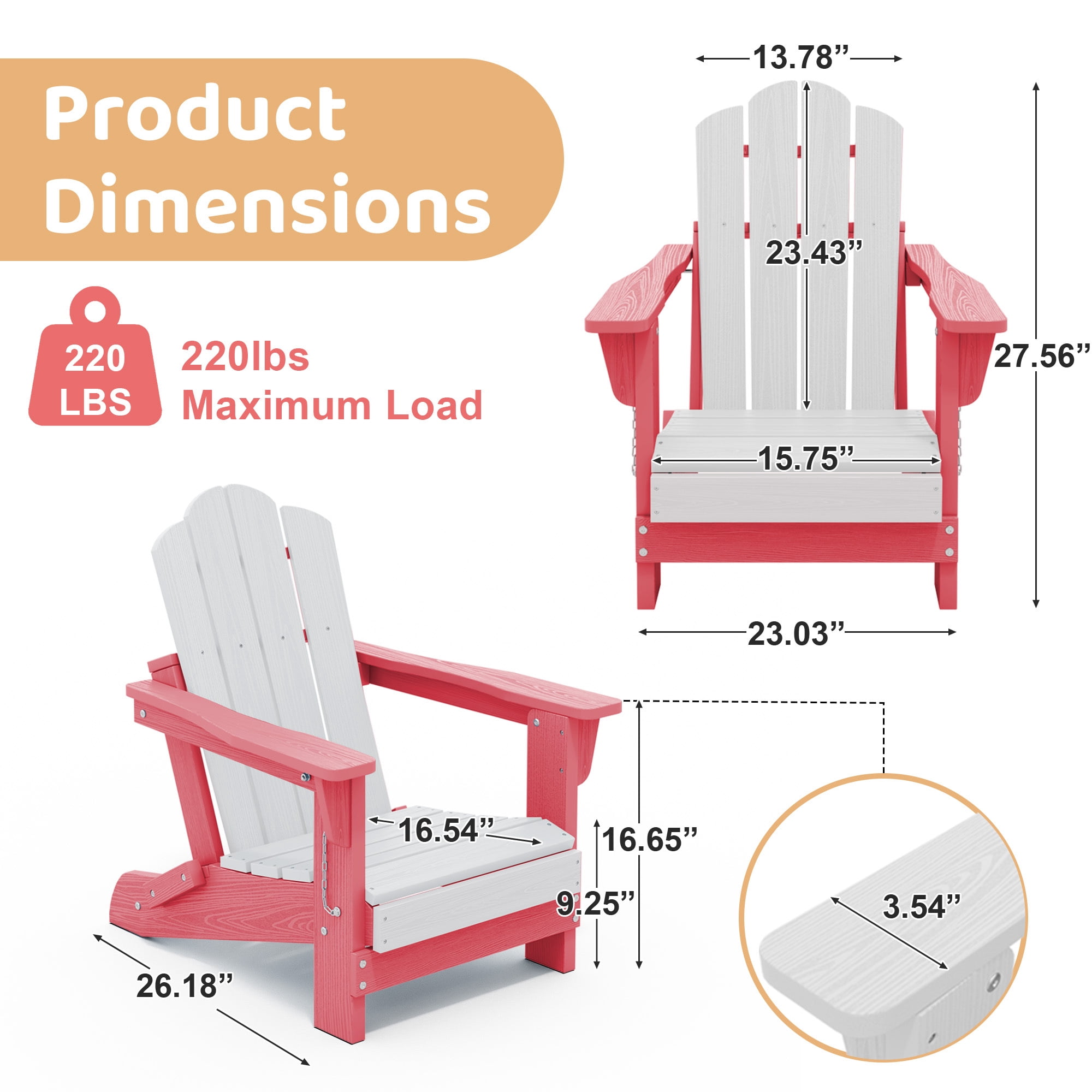 FUNDAZE HDPE Adirondack Outdoor Chair, Foldable & Weather-Resistant Patio Chair for Garden Lawn Deck,Pink and White