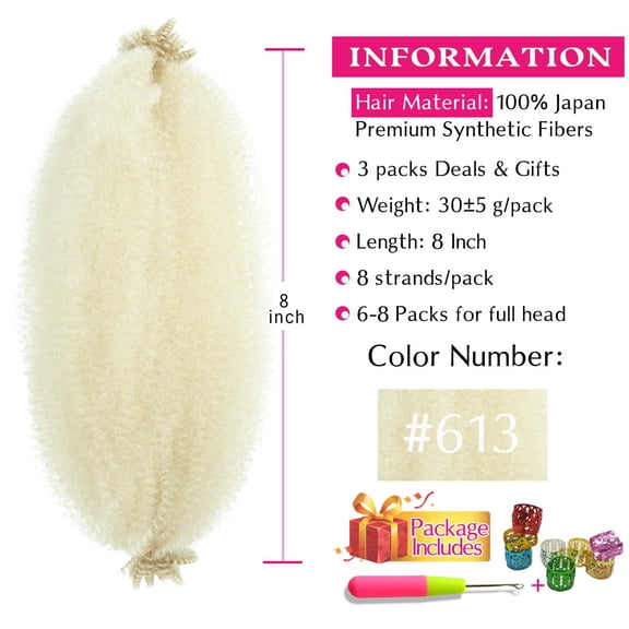 WEIF-Afro Twist Hair 8 Inch 3 Packs, Springy Afro Twist Hair Pre Fluffed Spring Twist Hair Pre Separated Wrapping Hair for Soft Locs Hair Extensions (8 Inch (Pack of 3), 613#)