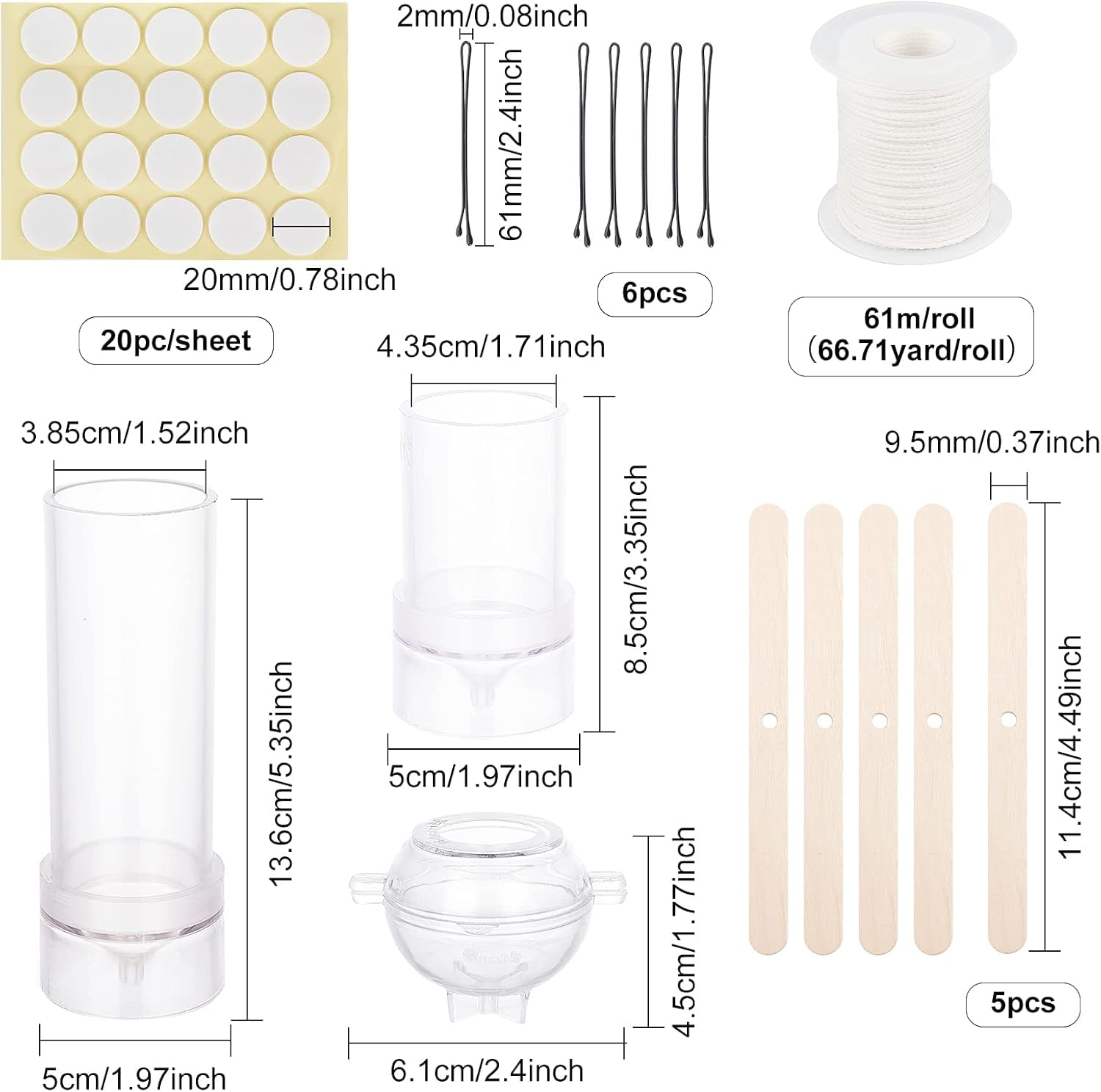 DIY Candle Making Tools with Plastic Candle Molds Eco-Friendly Candle Wick Iron Hair Bobby Pins Simple Hairpin Paper Stickers and Birch Wood Craft Ice Cream Sticks Clear 4.5x6.1x4.6cm 1pc