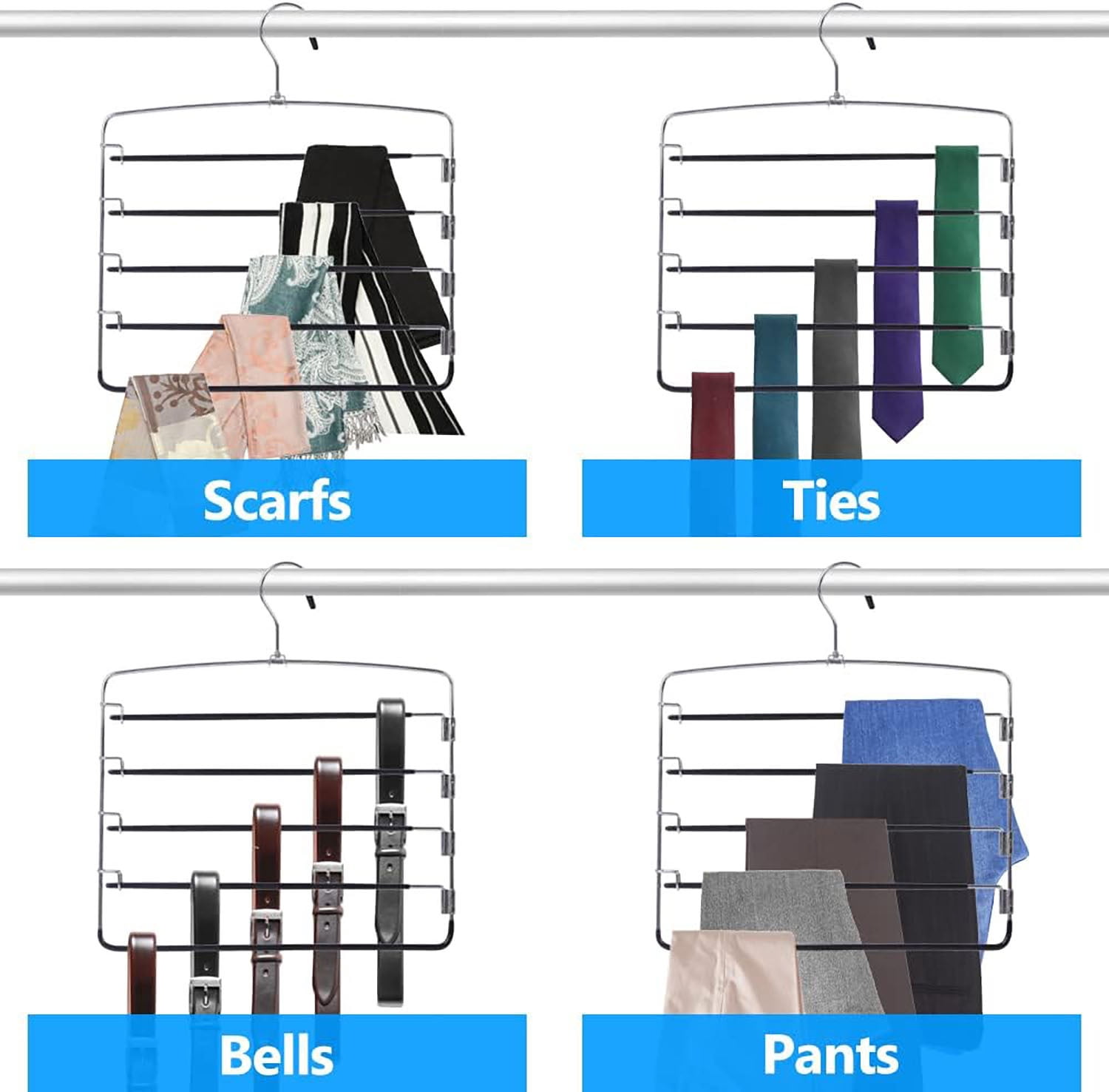 Pants Hangers 4 Pieces, 5 Layer Closet Organizers and Storage Clothes Hangers,Hangers Space Saving with Swing Arm, Multiple Metal Hangers Clothes Organization for Pants Trousers Jeans Leggings Slacks