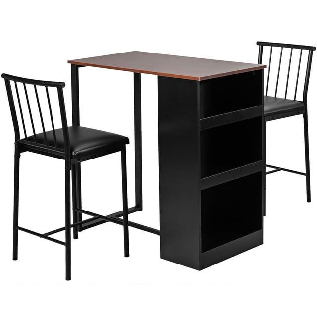 Patiojoy 3-Piece Counter Table Set Bar Pub Dining Table Set with 3 Side Storage Brown
