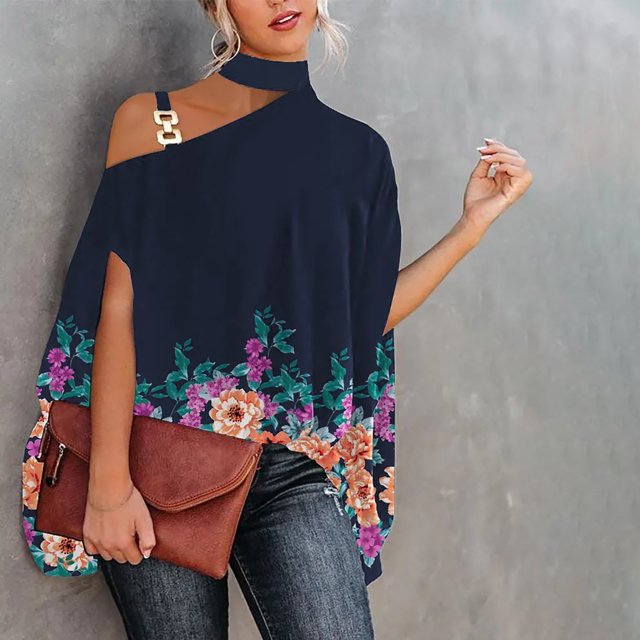 Puntoco Mujeres Casual Media Manga Murciélago Halter Cuello Hombro Impreso y Sólido Suéter Suelto Blusa tops Puntoco Puntoco-1783