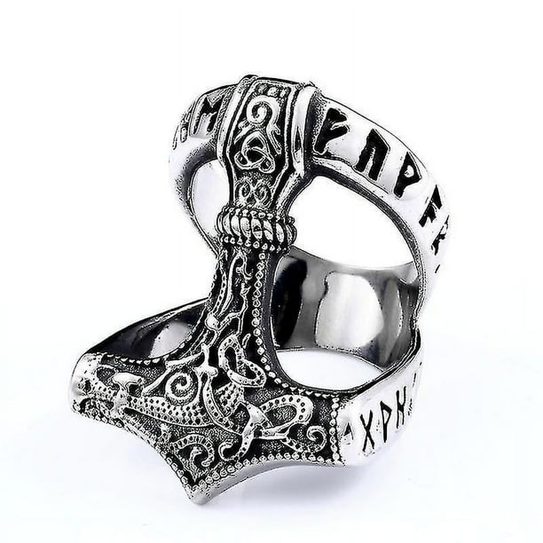 Anillos vikingos nórdicos grabados para hombre, anillo de martillo de acero inoxidable, joyería para dedo de motero punk (1 unidad, plata)