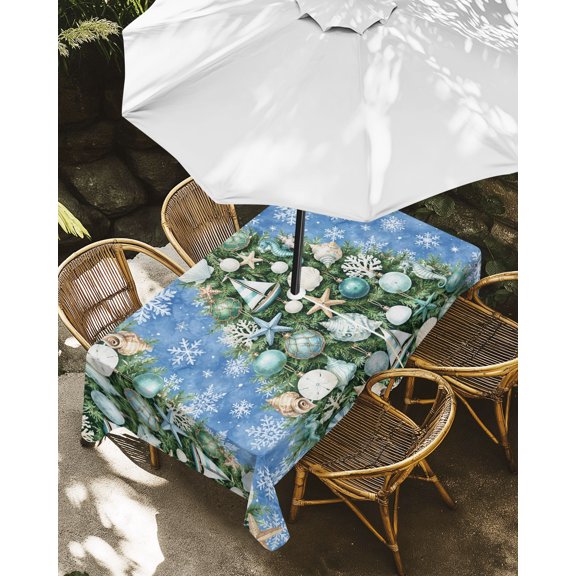Outdoor Tablecloth with Umbrella Hole, Winter Xmas Tree Ocean Starfish Zippered Table Cloth for Rectangle Tables, Coastal Seahorse Shell Conch Washable Waterproof Tablecloths for Picnic Patio Garden