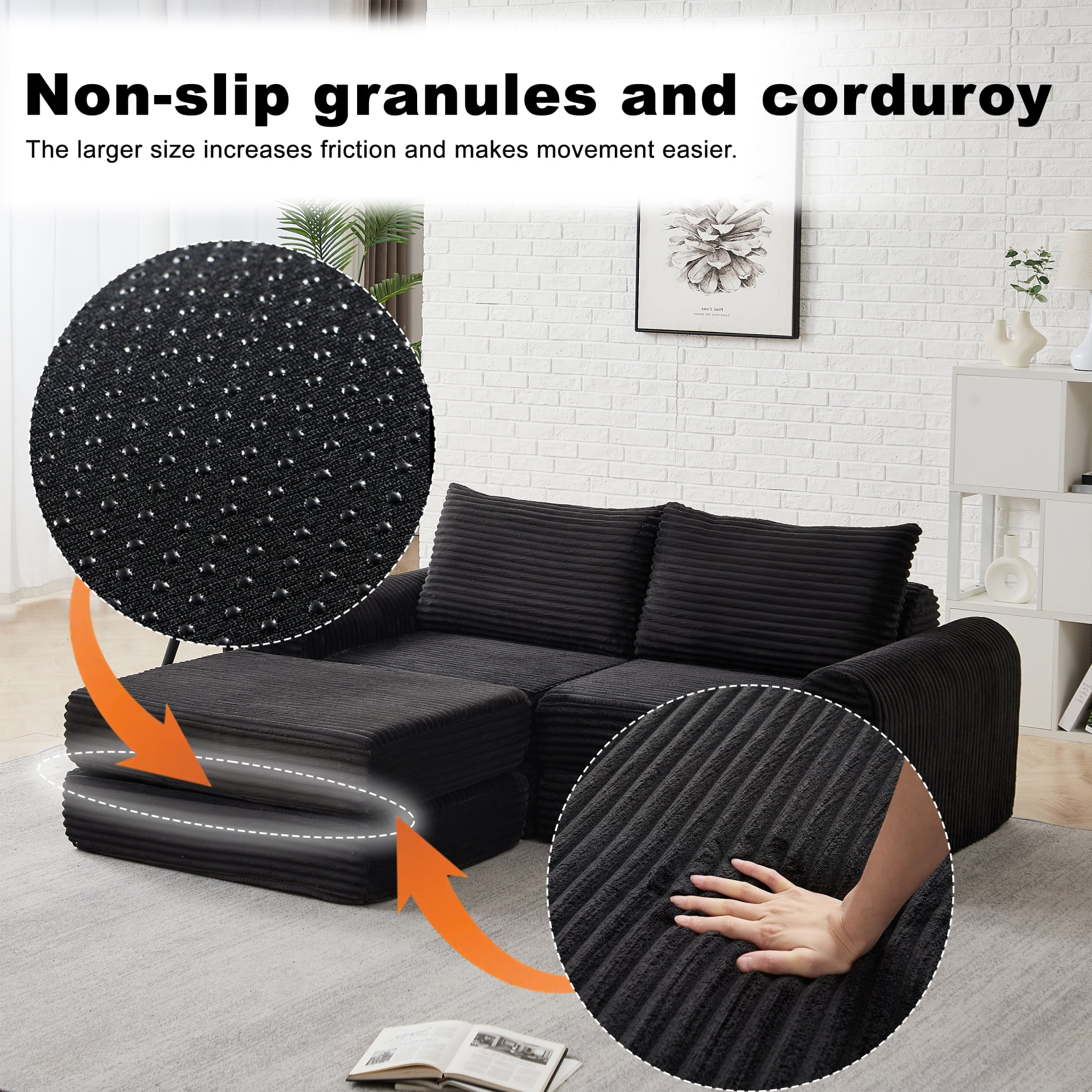 2-in-1 Corduroy Convertible Sleeper Sofa Bed with with Two Throw Pillows & Curved Lines for Living Room,Easy Assembly,Black