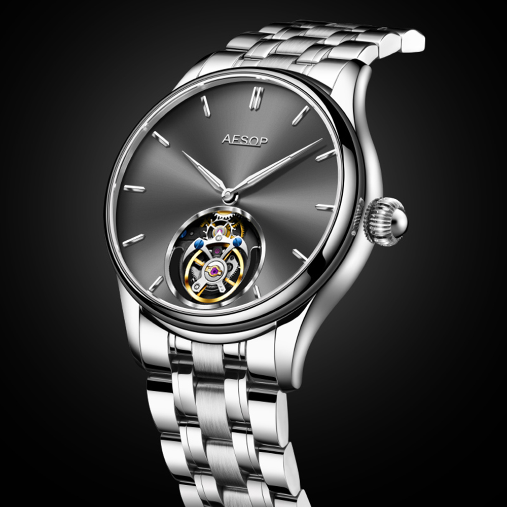 2025 AESOP 100% Tourbillon Mechanical Watch For Men Silver Steel Belt BUSINESS Fashion Mens Watches Manual Mechanical Waterproof