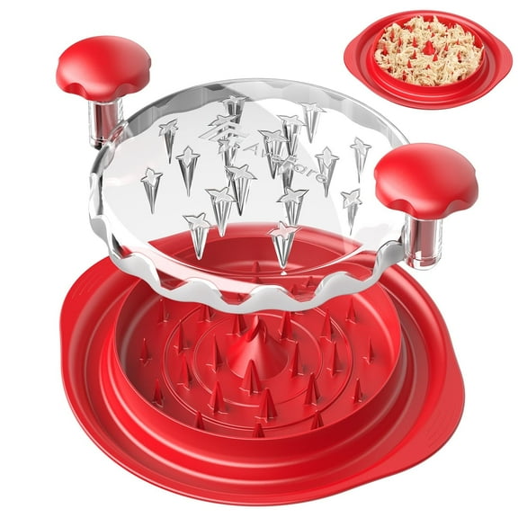 Red Manual Chicken Shredder with Transparent Lid, Ergonomic Handle, BPA-Free Heat-Resistant Material, 9.8" x 9.8" x 2.4" – Easy Meat Separator for Chicken, Pork, Beef, and Veggies