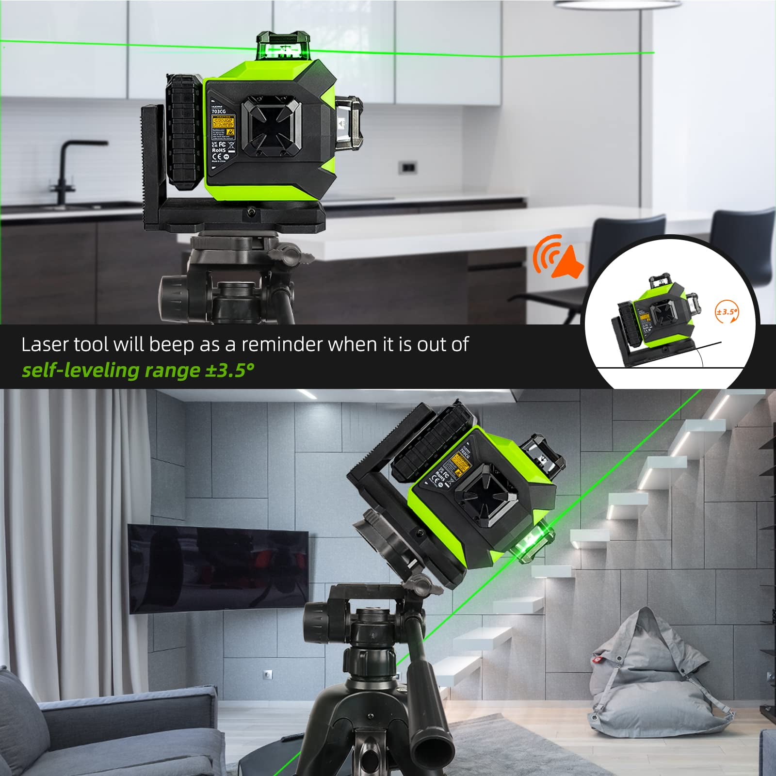3D 12 Lines Self-Leveling Laser Level, 197Ft Green 3 x 360° Cross Line Laser Level Tools with 6600mAh Li-ion Battery, Magnetic Bracket and Laser Target Plate