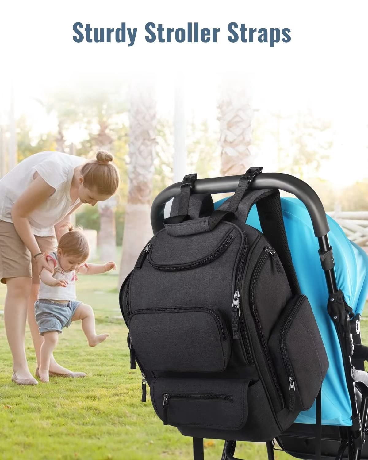 Mancro Diaper Bag Backpack, Waterproof Travel Backpack with Stroller Straps and 2 Side Insulated Pockets, Black