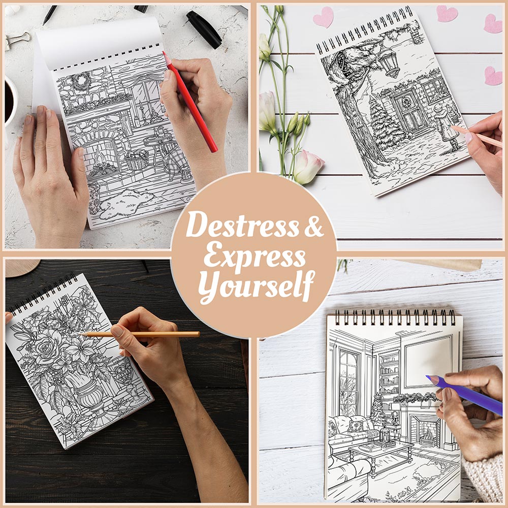 Netecom Cozy Christmas Coloring Book Spiral Bound for Adults, A5 Wooden Cover, 30 Charming Coloring Pages of Xmas Holiday Day for Stress Relief and Relaxation