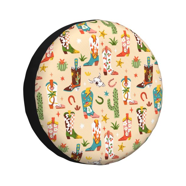 Fotbe Groovy American Western Footwear Funda de Llanta de Repuesto con Estampado, Engrosada, Ajuste Universal para Jeep, Remolque, RV, SUV, Camión-16 inch