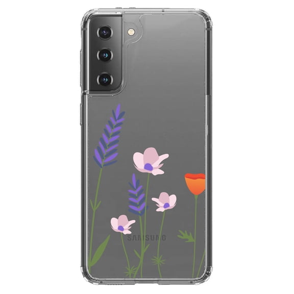DistinctInk Clear Shockproof Hybrid Case for Galaxy S21  PLUS 5G (6.7" Screen) - TPU Bumper Acrylic Back Tempered Glass Screen Protector - Wildflowers Blue Purple Pink