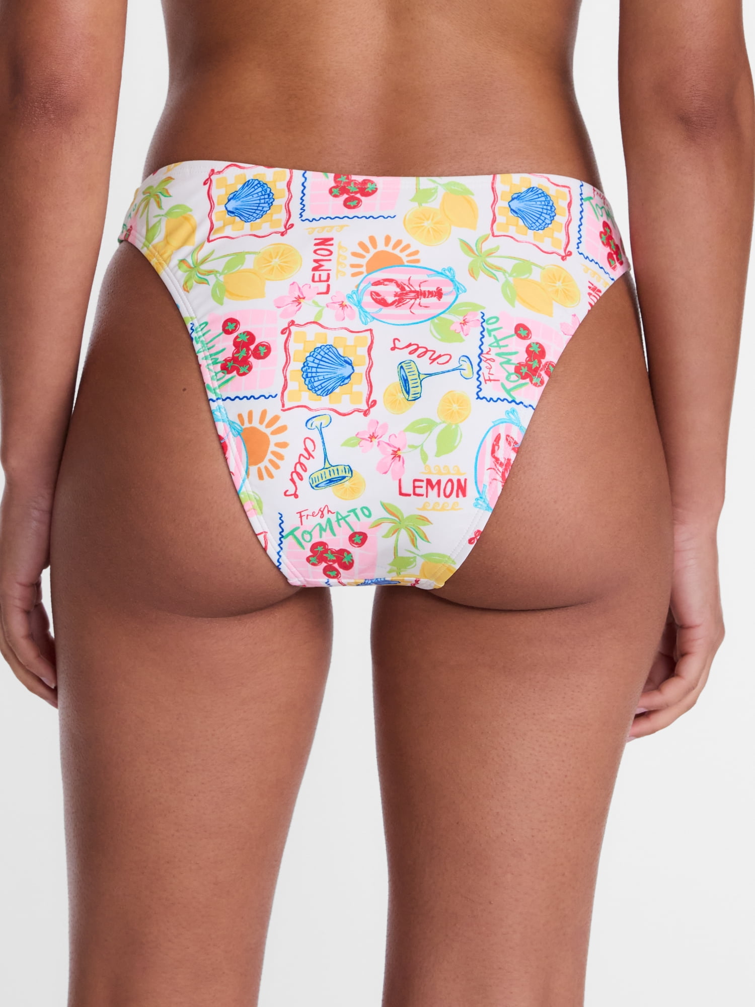No Boundaries Multi Fruit Print High Leg Bikini Swim Bottoms, Women's XXS-XXL