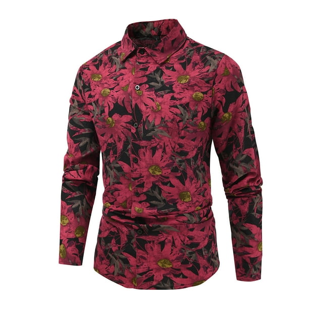 Blusa y camisa de manga larga con cuello vuelto para hombre, informal, estampada, con botones, de poliéster