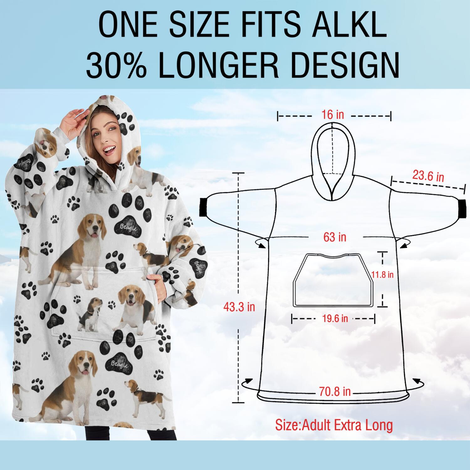 Oversized Wearable Blanket Hoodie,Beagle Dog and Footprints Sherpa Blanket Hoodie with Super Pockets,Super Warm Fuzzy Pullover for Women & Men