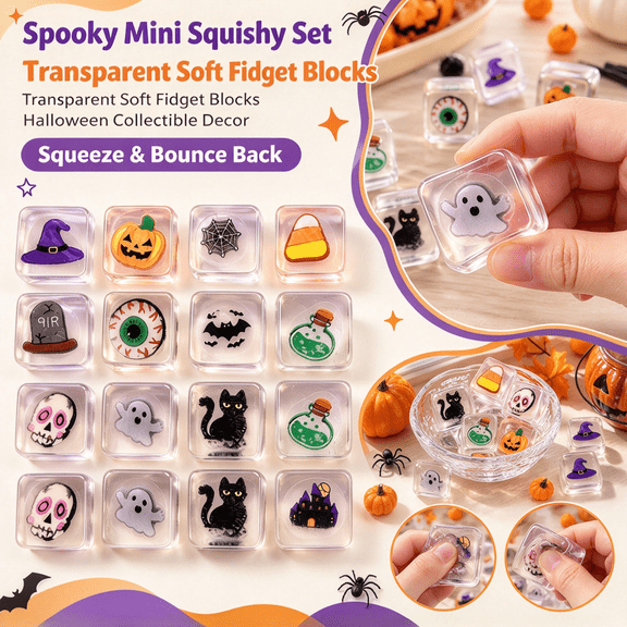Halloween Ice Cube Squishy 12 Pack, TPRA Stress Relief Fidget Toys with 12 Spooky Designs, Party Favors for Kids and Adults