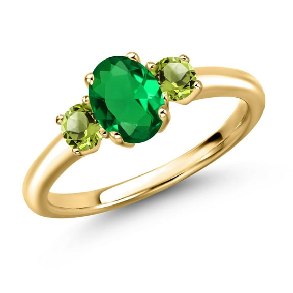 Gem Stone King 18K Yellow Gold Plated Silver Green Nano Emerald and Green Peridot Engagement Ring for Women | 1.01 Cttw | Oval 7X5MM | Gemstone May Birthstone | Size 7