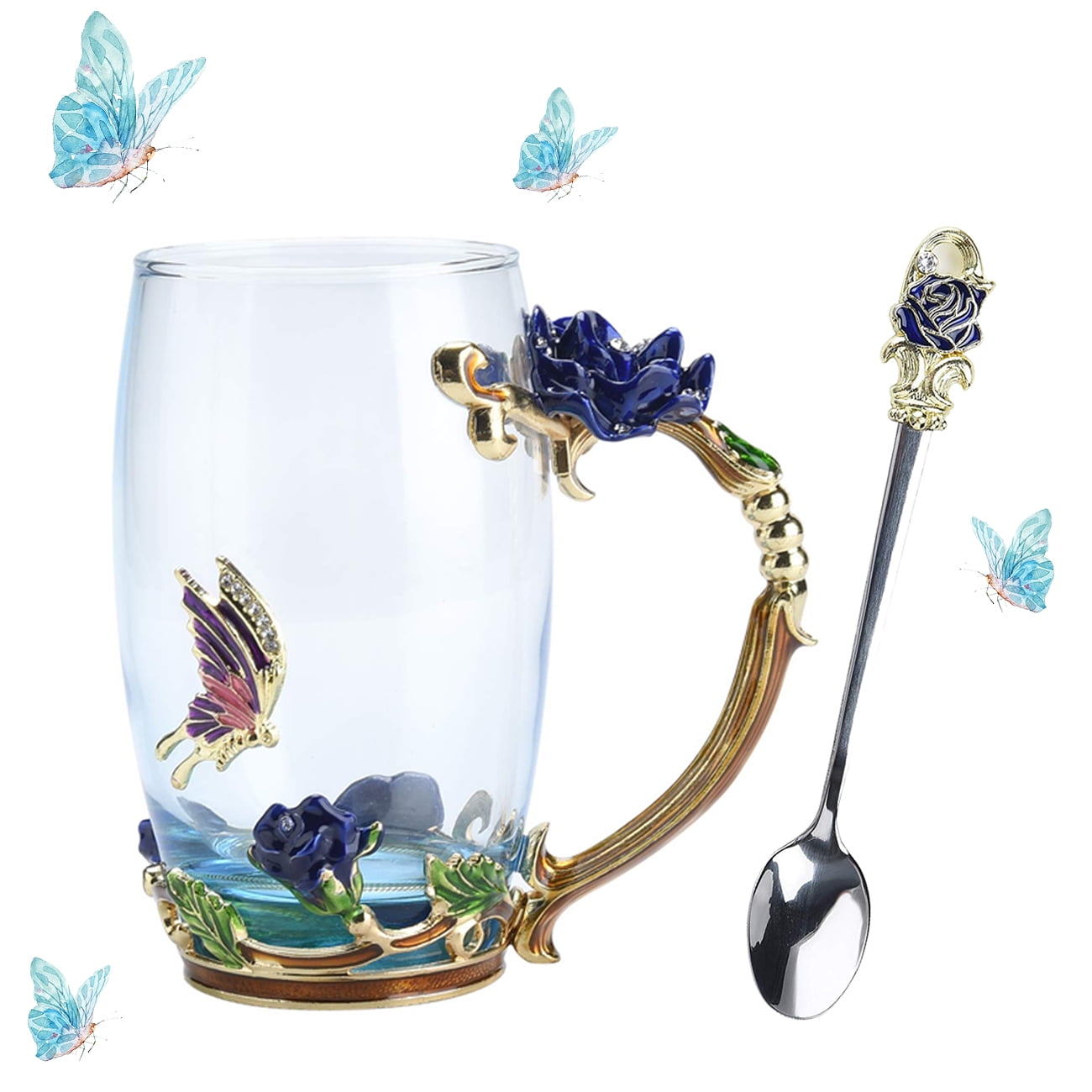Handmade Crystal Enamel Flower Glass Tea Cup Coffee Mugs W/ Gift Box Home Decor 