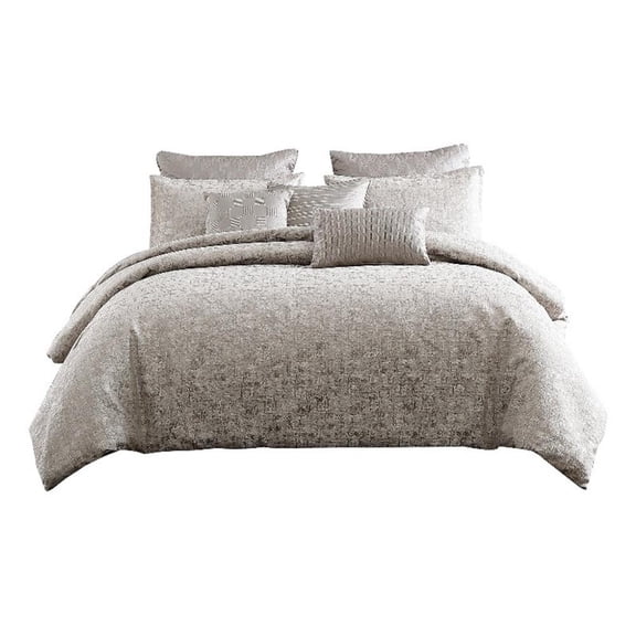 Benjara 10 Piece King Polyester Comforter Set with Jacquard Print- Gray