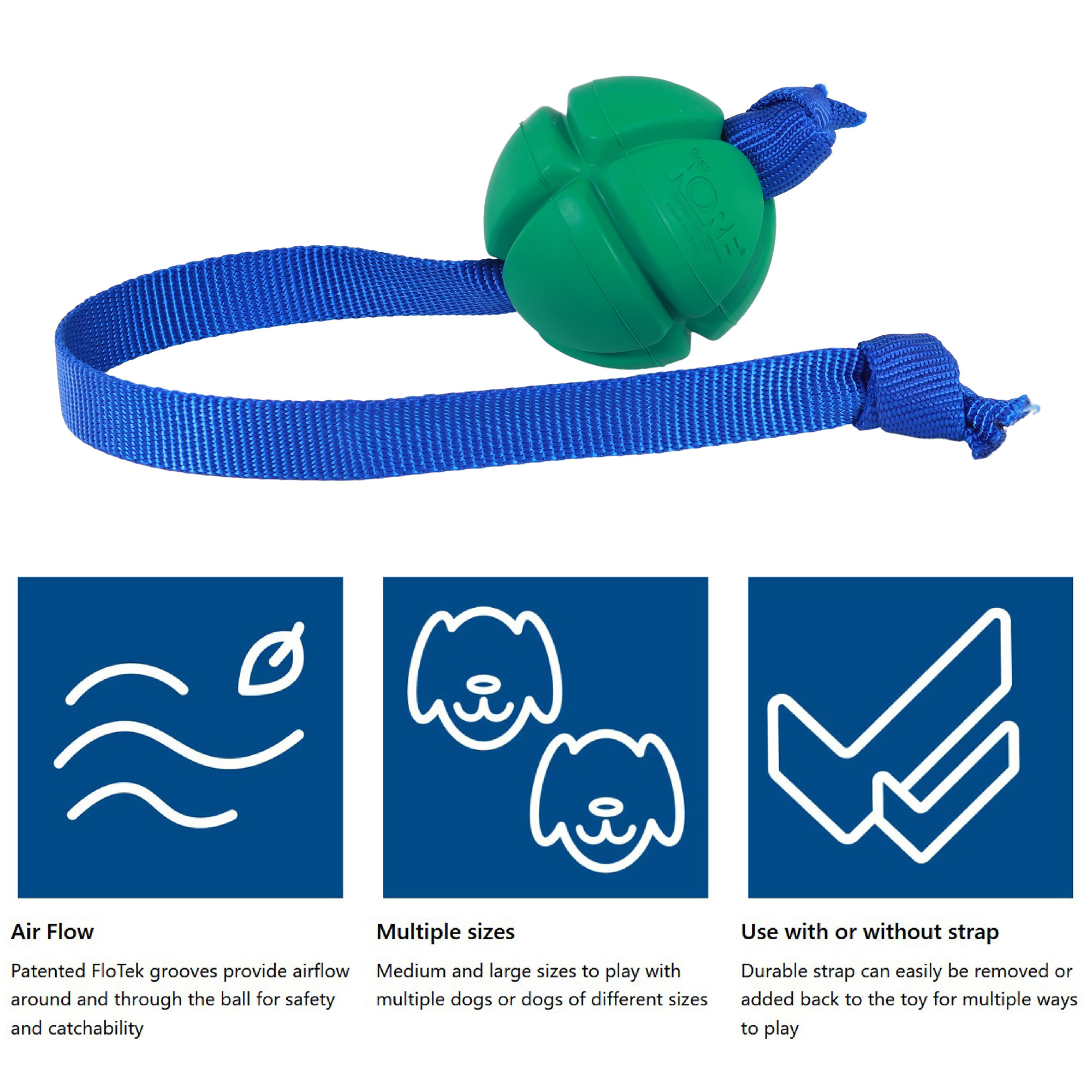 PetKORE: FloTex Tug - Large - 3.25" Green, Rubber Dog Toy, Removable Strap Tail, Patented Airflow Grooves, Bounce-Fetch-Chew, Pet Indoor-Outdoor Play