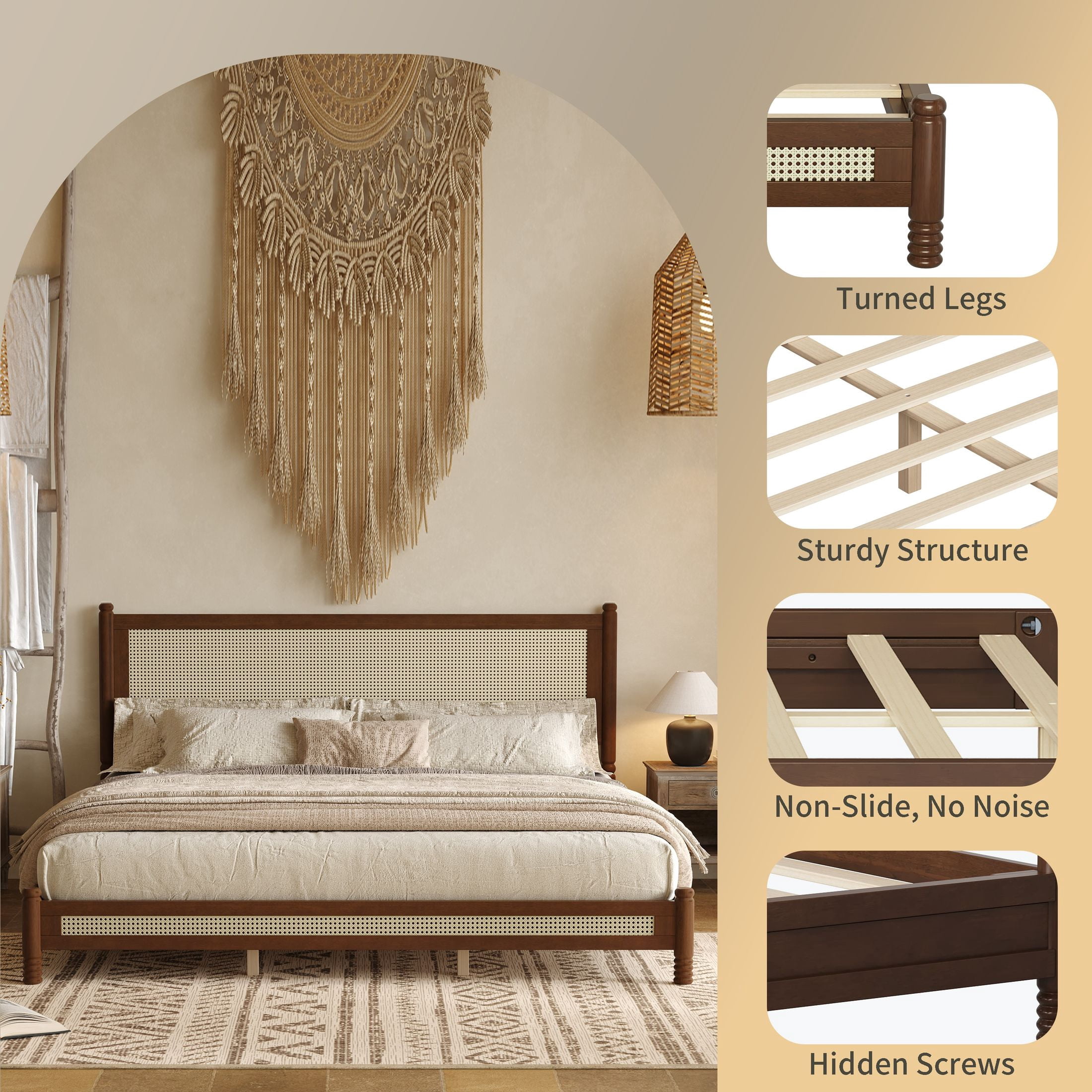 GDF Studio Annes King Size Boho Rattan Platform Bed Frame with Turned Legs, Woven Cane Pine Wood Bed Frame, Walnut