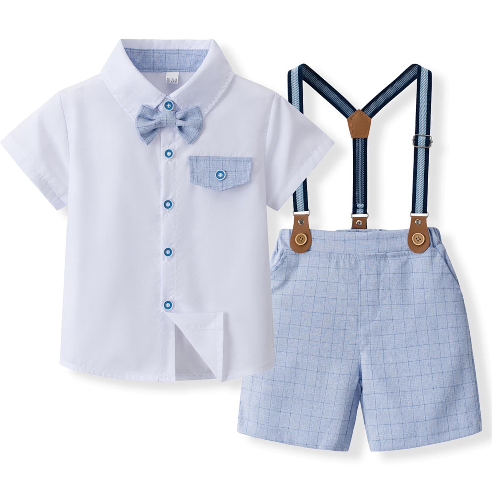 Wxirdiow Baby Boy Formal Outfits Baby Boy Suit Wedding Outfits Short Sleeve Bowtie Shirt Suspender Summer Gentleman Shorts Sets Light Blue Size,3-4 Years