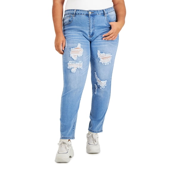 Gogo Jeans Trendy Plus Size High Rise Destructed Straight Leg Jeans Medium Light 16W