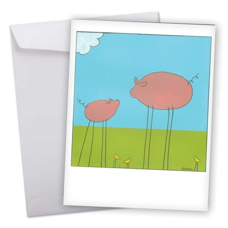 J6656ITYG Large Thank You Card: 'Stick Legs Thank You' Featuring Fun and Quirky Stylized Cartoon Pigs Greeting Card with Envelope by The Best Card
