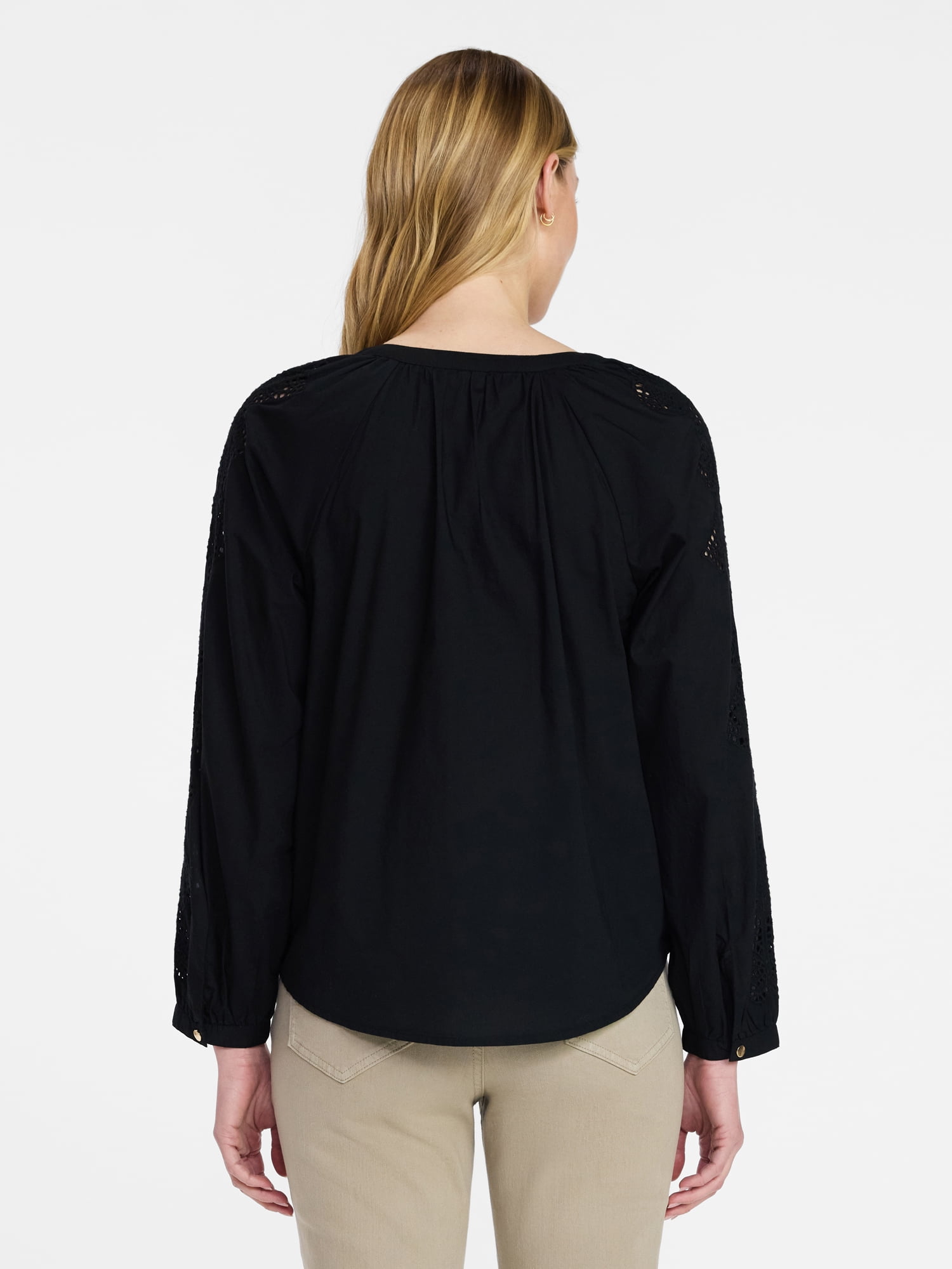 Time and Tru Women's Eyelet Blouse with Long Sleeves, Sizes XS-XXXL