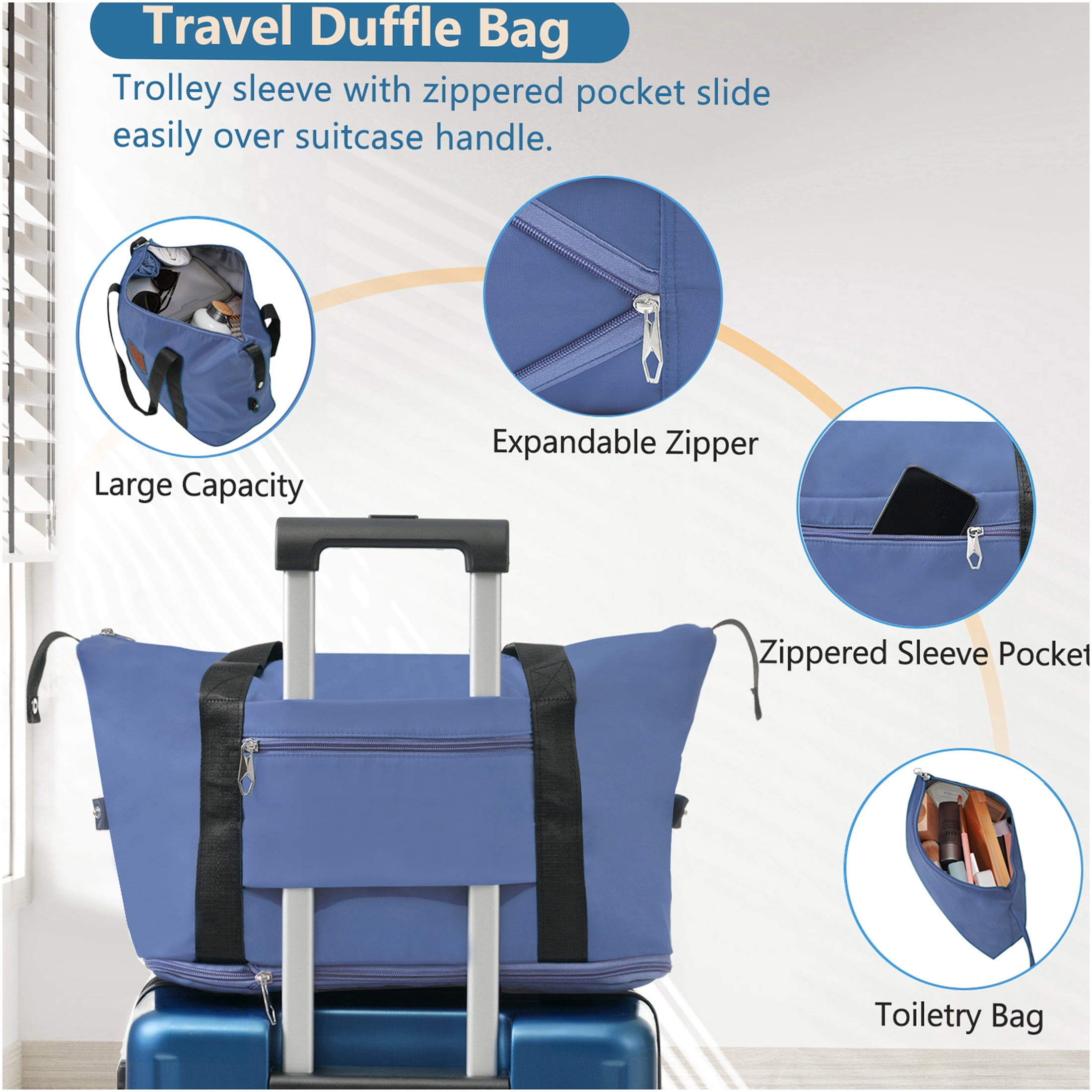 JERFIT 3-Piece Carry On Luggage Set with Spinner Wheels, Lightweight ABS Hardshell Suitcase, Expandable Duffel & Toiletry Bag for Air Travel, Weekend Trips, Business - Blue