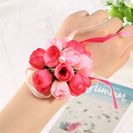 Bridesmaid Wedding Girls Prom Party Wrist Corsage Bracelet Hand Flowers Decor(Rose