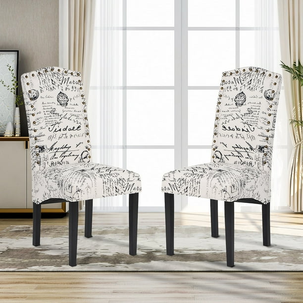 Dining Chairs Set Of 2 Script Linen Fabric Chiar Accent Leisure Upholstered Chair With Tall Back Nailhead Trim And Solid Wood Legs Living Room White Com Dining Chairs Set Of 2 Script Linen, White Dining Room Chairs Set Of 2
