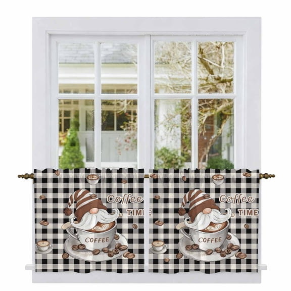 Coffee Gnomes Tier Curtains, Farmhouse Brown Bean Plaid Black Grey Light Filtering Kitchen Curtains, 2Pcs Rod Pocket Half Window Treatments Panels for Sink Cafe Cabinet Camper 27.5x24 Inches