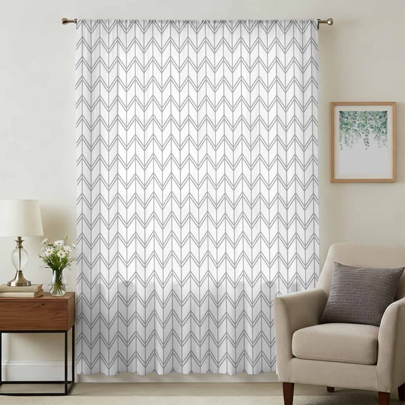 Boho Gray Sheer Curtains 96 Inches Long, White Chevron Stripes Abstract Geometric Light Filering Curtains, Privacy Drapes Simi Floor to Veiling Curtain for Living Room Bedroom Large Window Treatment