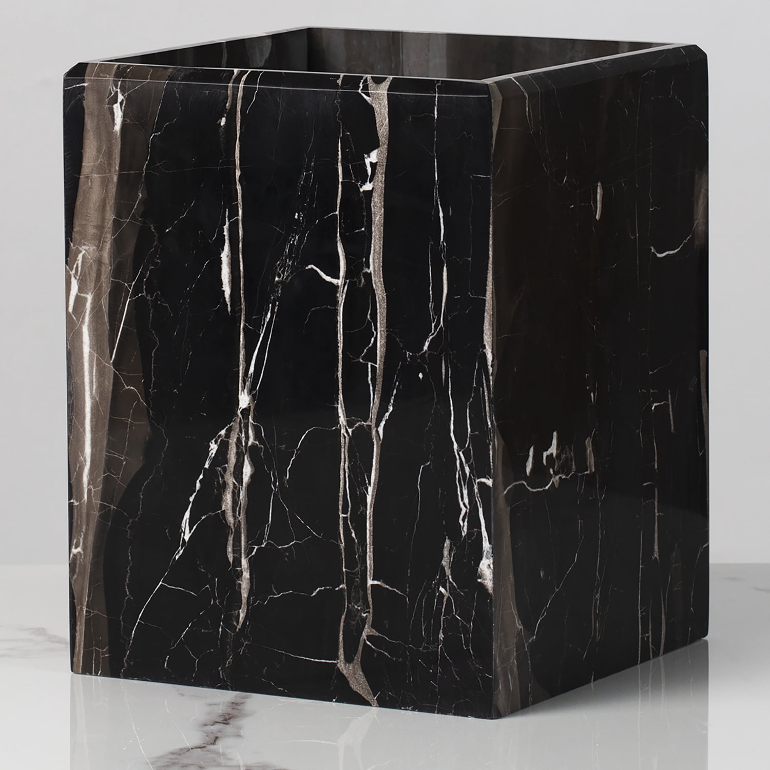 White and Black Marble Wastebasket - Natural Trash Can, Bath Decor, and Sturdy Bathroom Accessories