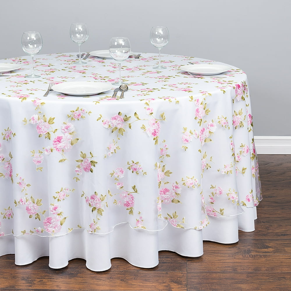 110 in. Round Sheer Pink Roses Tablecloth