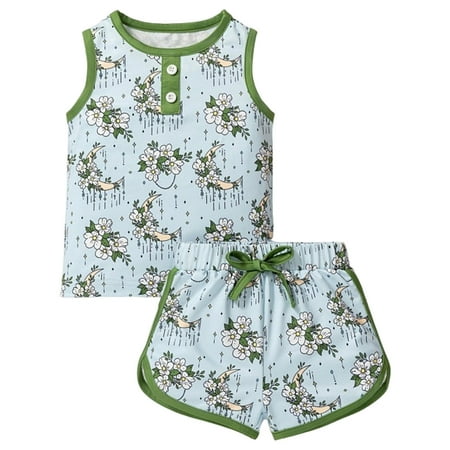 

Cute Summer Toddler Girls Outfits Set Sleeveless Cartoon Prints Tops Vest And Shorts 2Pcs Outfits&Set For 18-24 Months