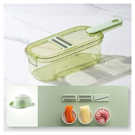 

Grater for Cheese Vegetable Grating Slicer Box with Interchangeable Cutters & Food Holder for Ginger Vegetables & More Clear Green C