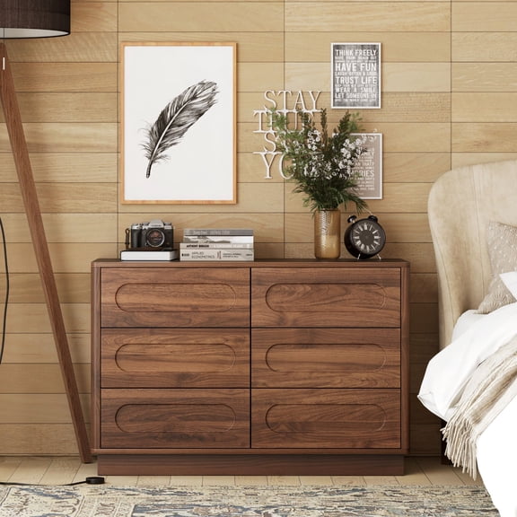 COZAYH Modern 6 Drawer Nightstand with Push-to-Open Drawers, Mid-Century Wide Bedside Table with Raised Base for Bedroom, Oval Groove Panel Front, Dark Walnut Color