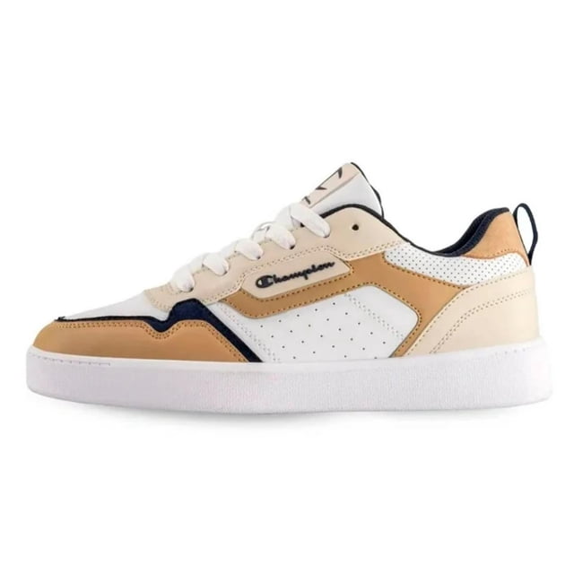 tenis champion lore para hombre. cas10368m marron 26.5 Tenis Champion Lore para hombre en marrón y blanco, vista lateral derecha de perfil bajo. Parte superior sintética con paneles perforados en los costados, refuerzos marrón claro y ribetes negros, logo Champion en relieve en el lateral y en la lengüeta, cierre con cordones blancos y suela blanca plana; opción casual adecuada para uso diario y paseos urbanos.