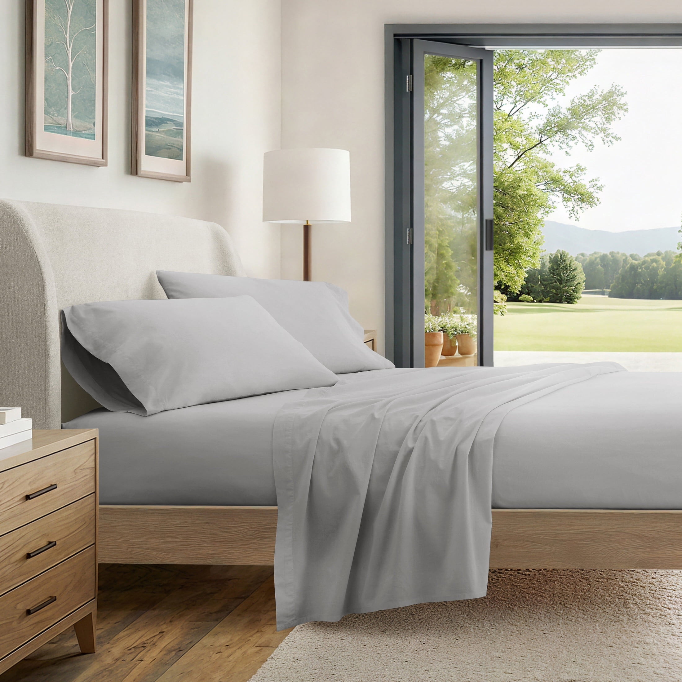 Noble Linens 4 Piece 100% Cotton Percale Sheet Set in Light Gray, Queen