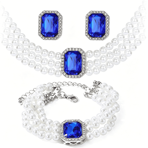 DESIGNICE Silver Jewelry Sets for Women Rhinestone Pearl Crystal Cz Choker Necklace Earrings Bracelets Set for Bridal Bridesmaid Accessories Wedding Prom Anniversary Birthday Gifts