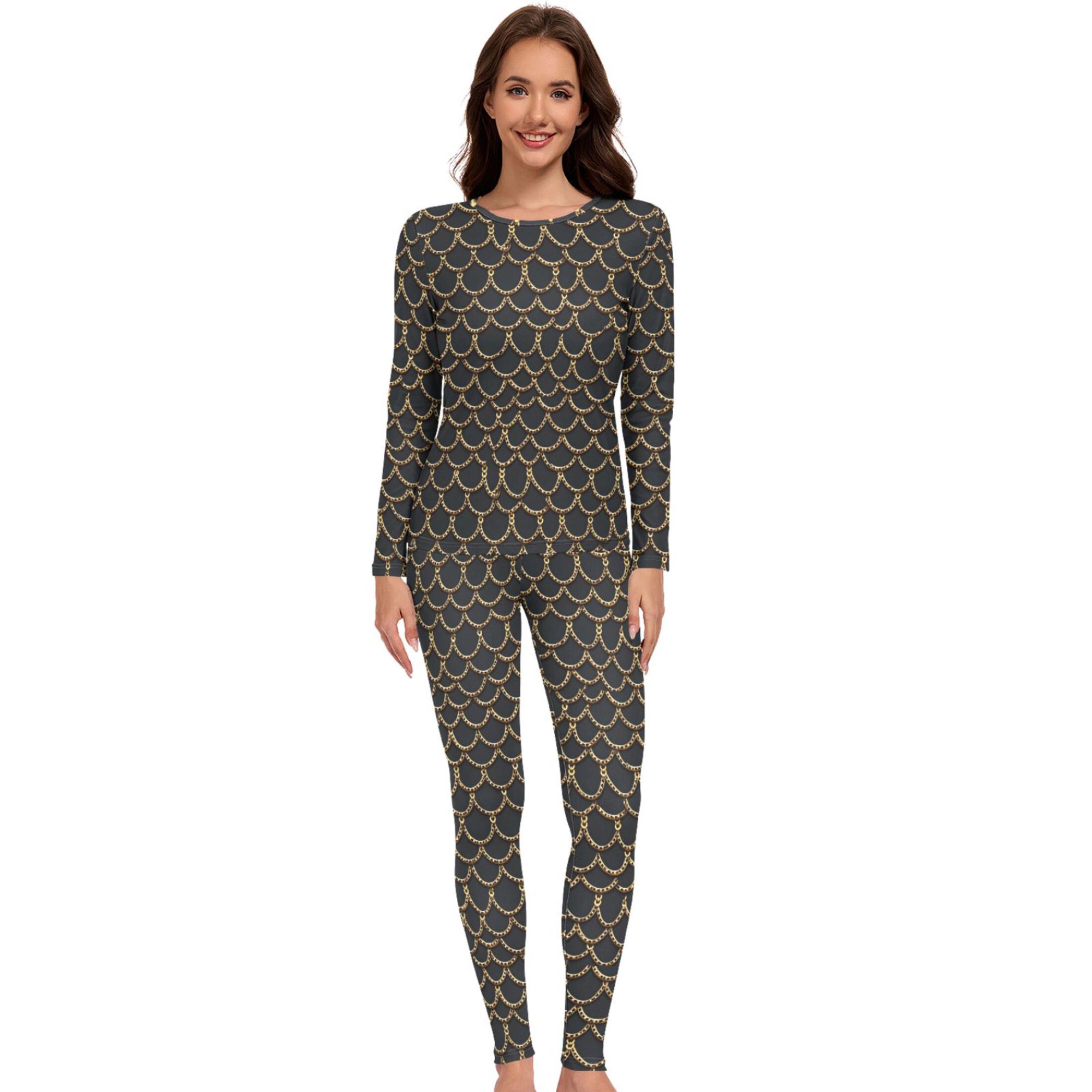 Women Dragon Scales Black Thermal Underwear Set 2 Piece Base Layer X-Large