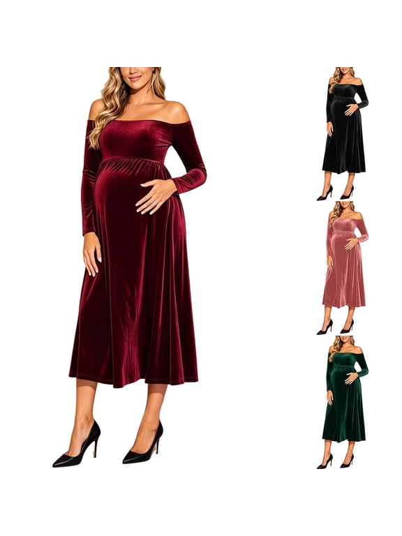 Off Shoulder Maternity Dress Women's Long Sleeve Velvet Midi Dress Trendy A-Line Flowy Pregnancy Formal Dress
