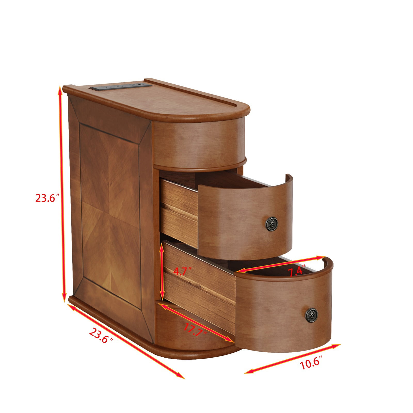 Hommoo Vintage Wood Sofa Side Table with Charging Station, 3 Drawers End Table Nightstand for Bedroom, Living Room, Closet, Walnut