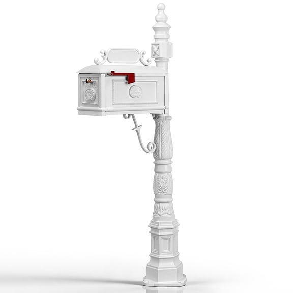 Zimtown Ornate Carved White Cast Aluminum Pedestal Mailbox, Freestanding Heavy Mail Post with Blank Name Plate for Residential Curb Decor