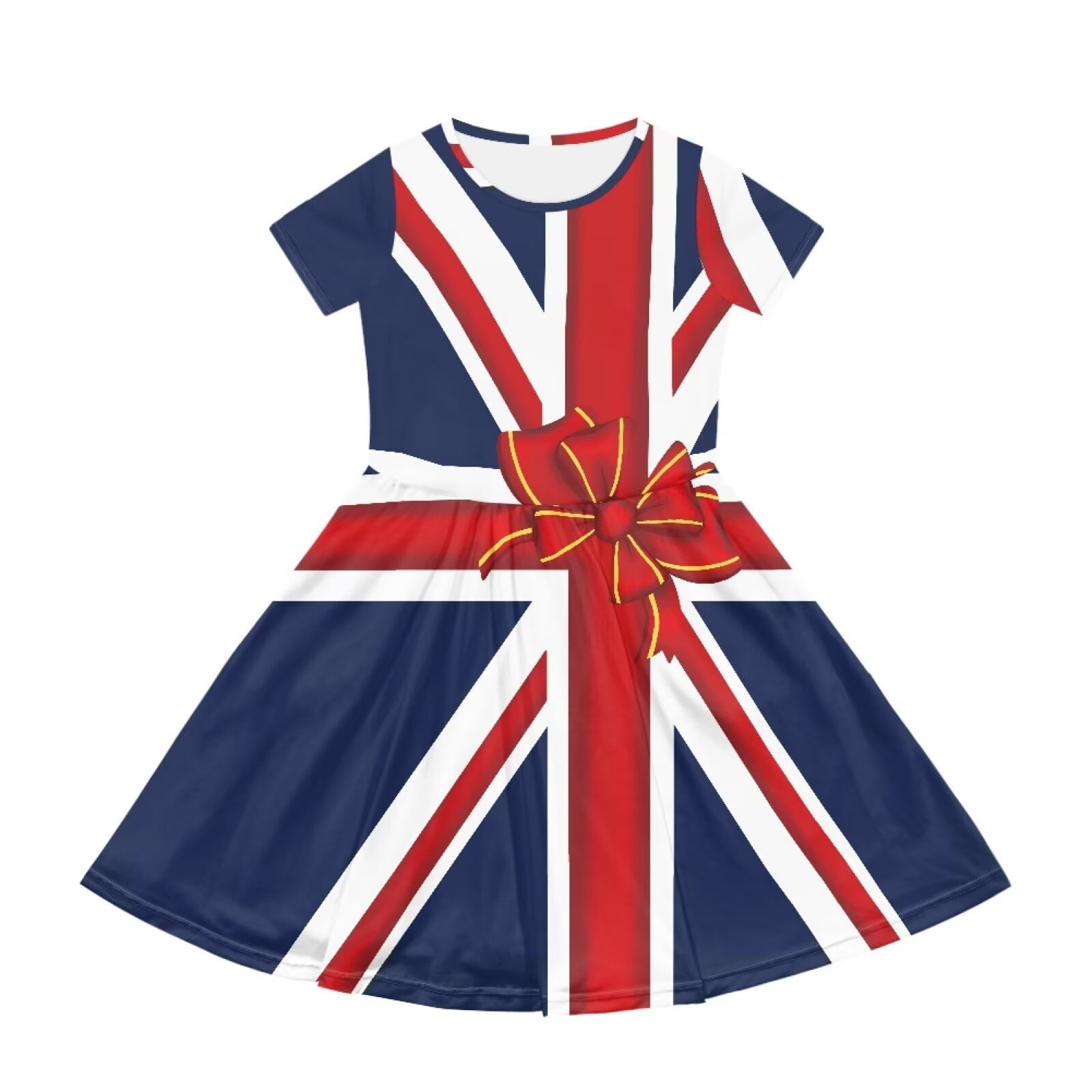 Uourmeti British Flag Patriot Short Sleeve Dress for Girls Summer Swing Party Dresses Casual Soft Crewneck Midi Lightweight Soft Knee A-Line Dress with Pockets