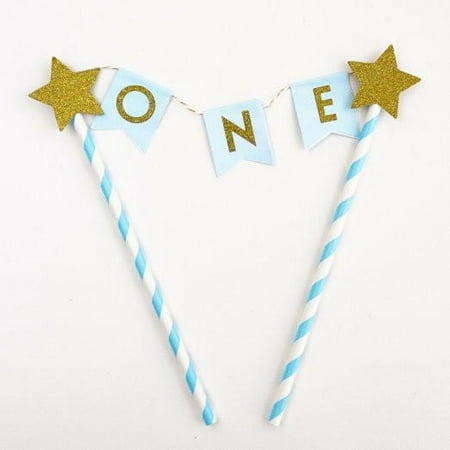 Blue Gold One Year Old Happy First Birthday Cake Topper Flag Banner Gold Glitter