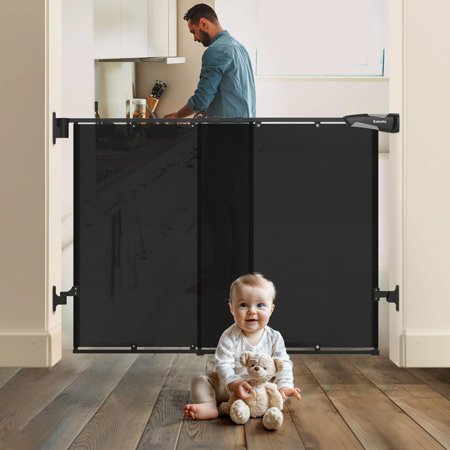 26-43" , Mesh Gate with Large Walk Thru Door, One-Handed Open, Auto-Closing, Hardware Mount Safety Gate for Stairs and Doorways, Black